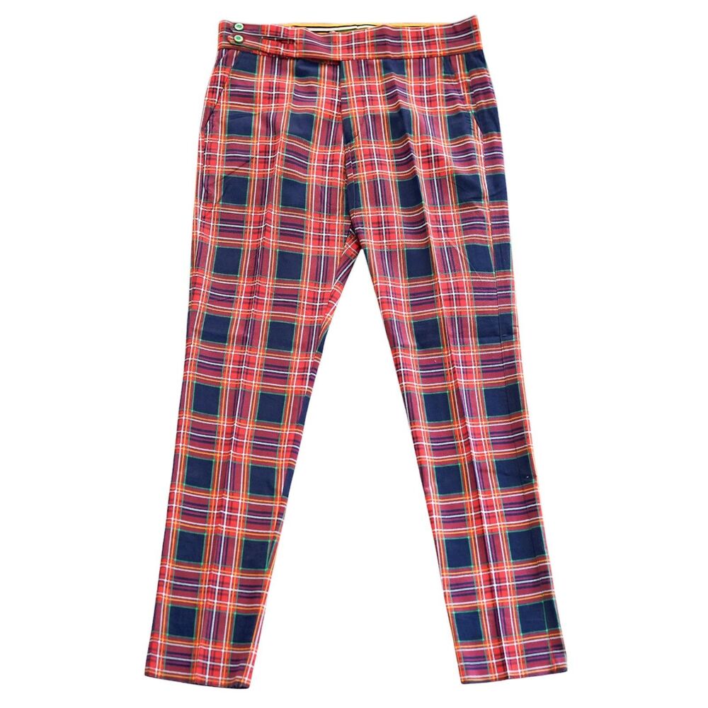 Mens 36 Gurkha Pants Red Navy Tartan Plaid Cotton Flat Front Slim Fit Trousers